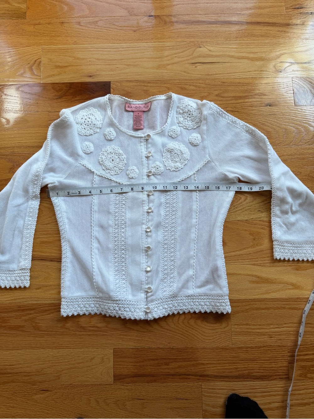 Bandolino White Knit Women's Cardigan with Crochet Edge-  Quarter Sleeve-Size 4 - Picture 7 of 9